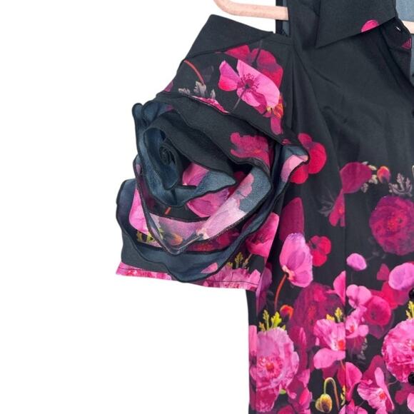 Samuel Dong Floral midi dress open shoulder ruffle sleeves black and pink - Picture 4 of 9